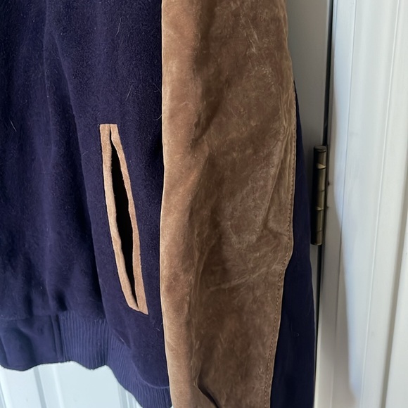NWOT! Unisex Wool and Suede Baseball Jacket. No size but measurements in photos - Picture 4 of 13